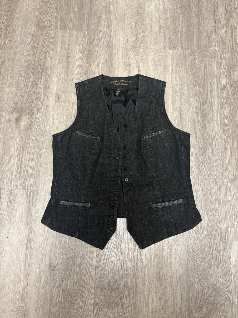 Ralph Lauren Jean Co. Vintage 90's Black Denim 100% Leather Trim Western Vest XL